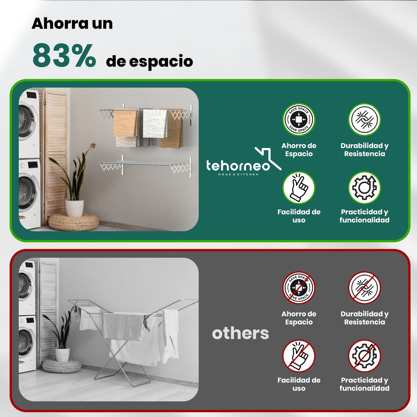 TEHORNEO Tendedero Extensible Pared 100 cm, Tendedero Plegable Pared, Tendedero Pared, Tendederos Plegables de Pared, Tendedero de Pared, Tendedero Pared Plegable, Tendedero Pared Extensible Aluminio
