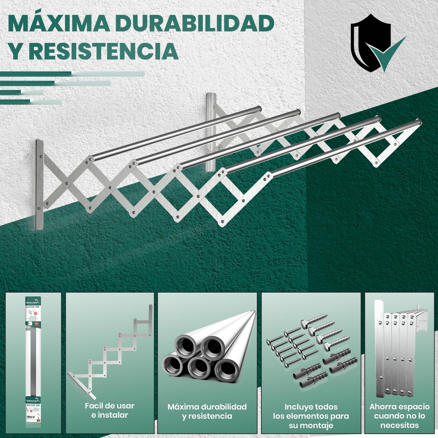 TEHORNEO Tendedero Extensible Pared 100 cm, Tendedero Plegable Pared, Tendedero Pared, Tendederos Plegables de Pared, Tendedero de Pared, Tendedero Pared Plegable, Tendedero Pared Extensible Aluminio