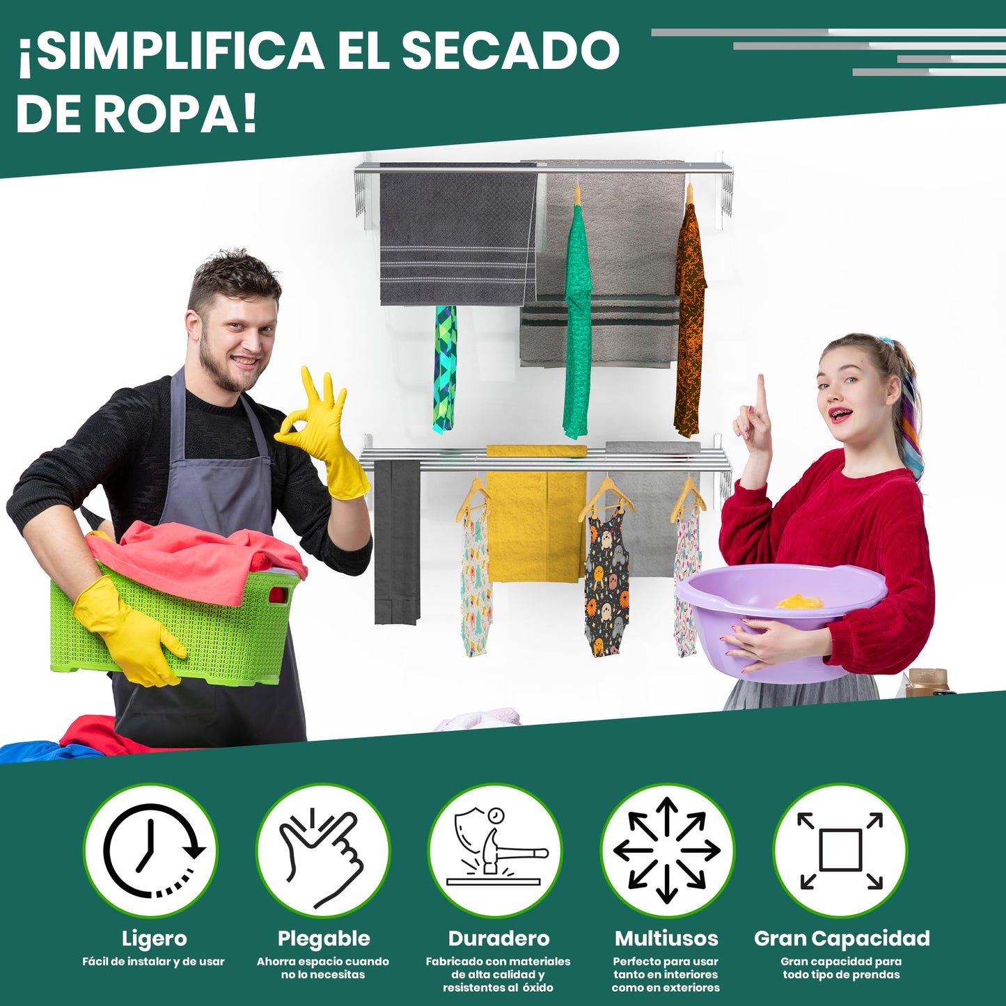TEHORNEO Tendedero Extensible Pared 100 cm, Tendedero Plegable Pared, Tendedero Pared, Tendederos Plegables de Pared, Tendedero de Pared, Tendedero Pared Plegable, Tendedero Pared Extensible Aluminio