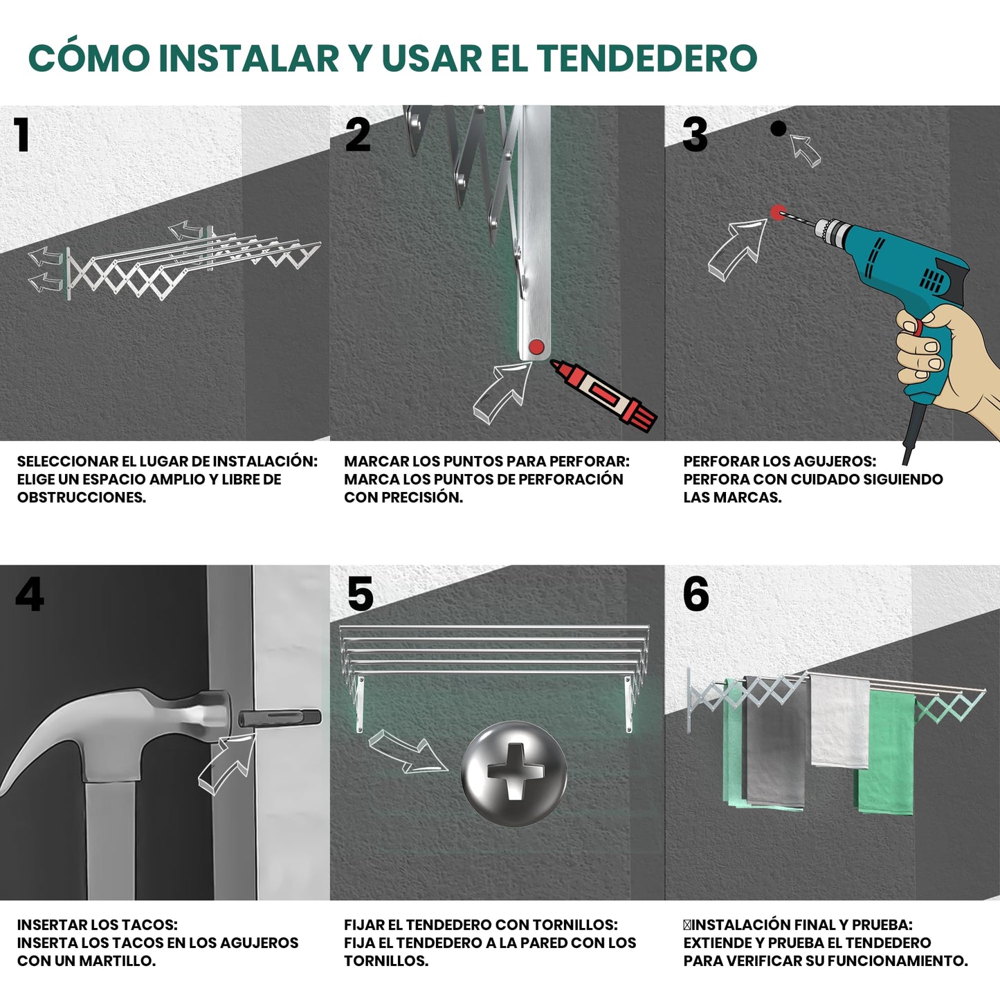 TEHORNEO Tendedero Extensible Pared 100 cm, Tendedero Plegable Pared, Tendedero Pared, Tendederos Plegables de Pared, Tendedero de Pared, Tendedero Pared Plegable, Tendedero Pared Extensible Aluminio