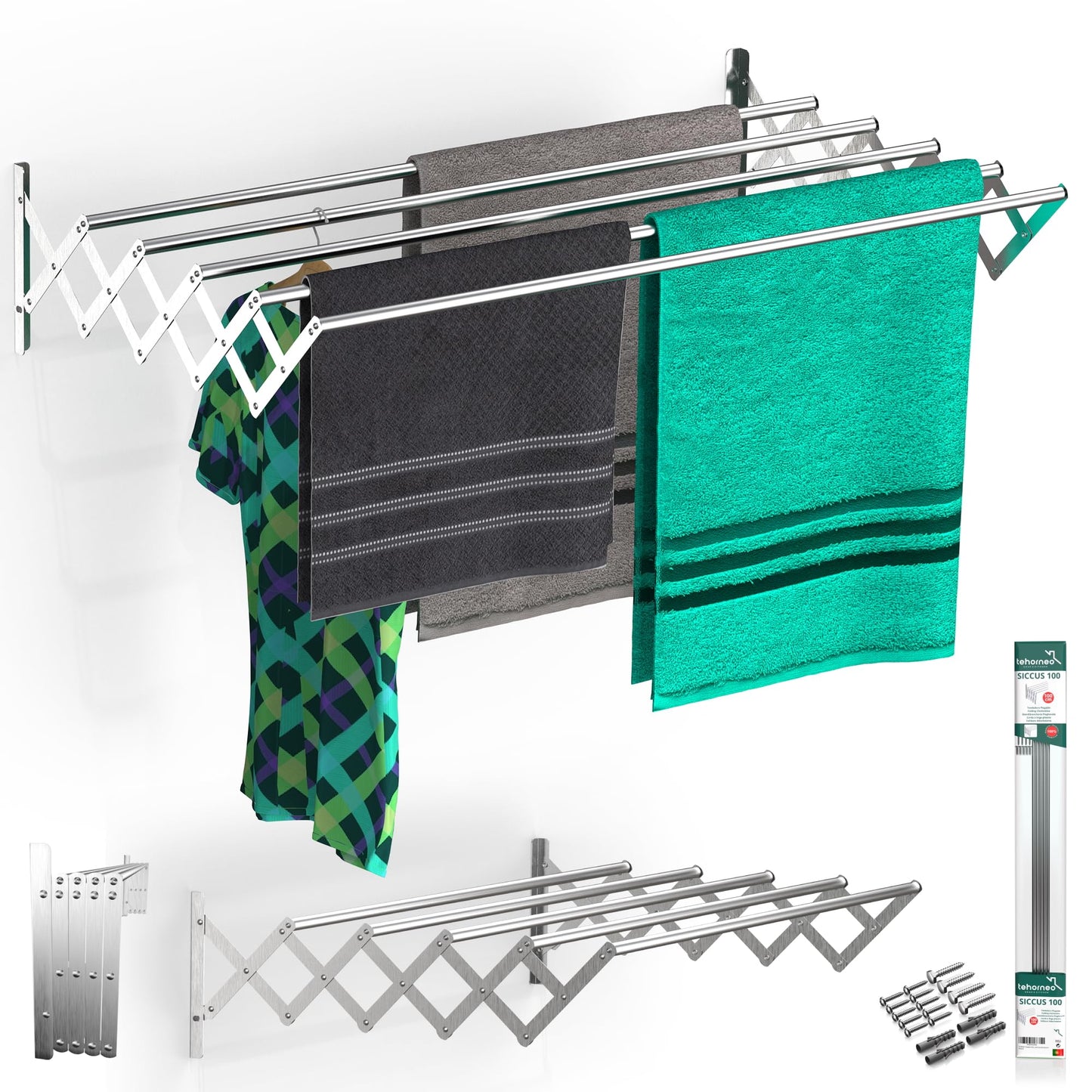 TEHORNEO Tendedero Extensible Pared 100 cm, Tendedero Plegable Pared, Tendedero Pared, Tendederos Plegables de Pared, Tendedero de Pared, Tendedero Pared Plegable, Tendedero Pared Extensible Aluminio