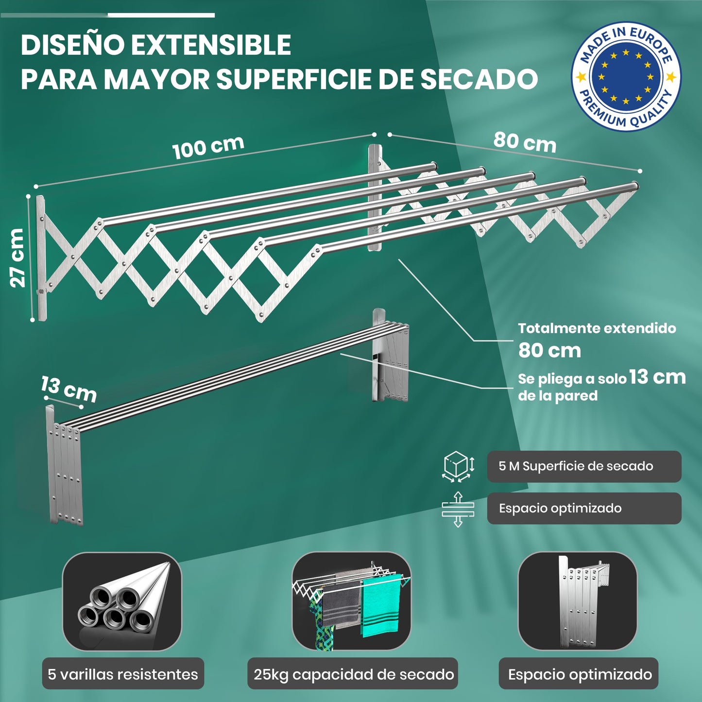 TEHORNEO Tendedero Extensible Pared 100 cm, Tendedero Plegable Pared, Tendedero Pared, Tendederos Plegables de Pared, Tendedero de Pared, Tendedero Pared Plegable, Tendedero Pared Extensible Aluminio