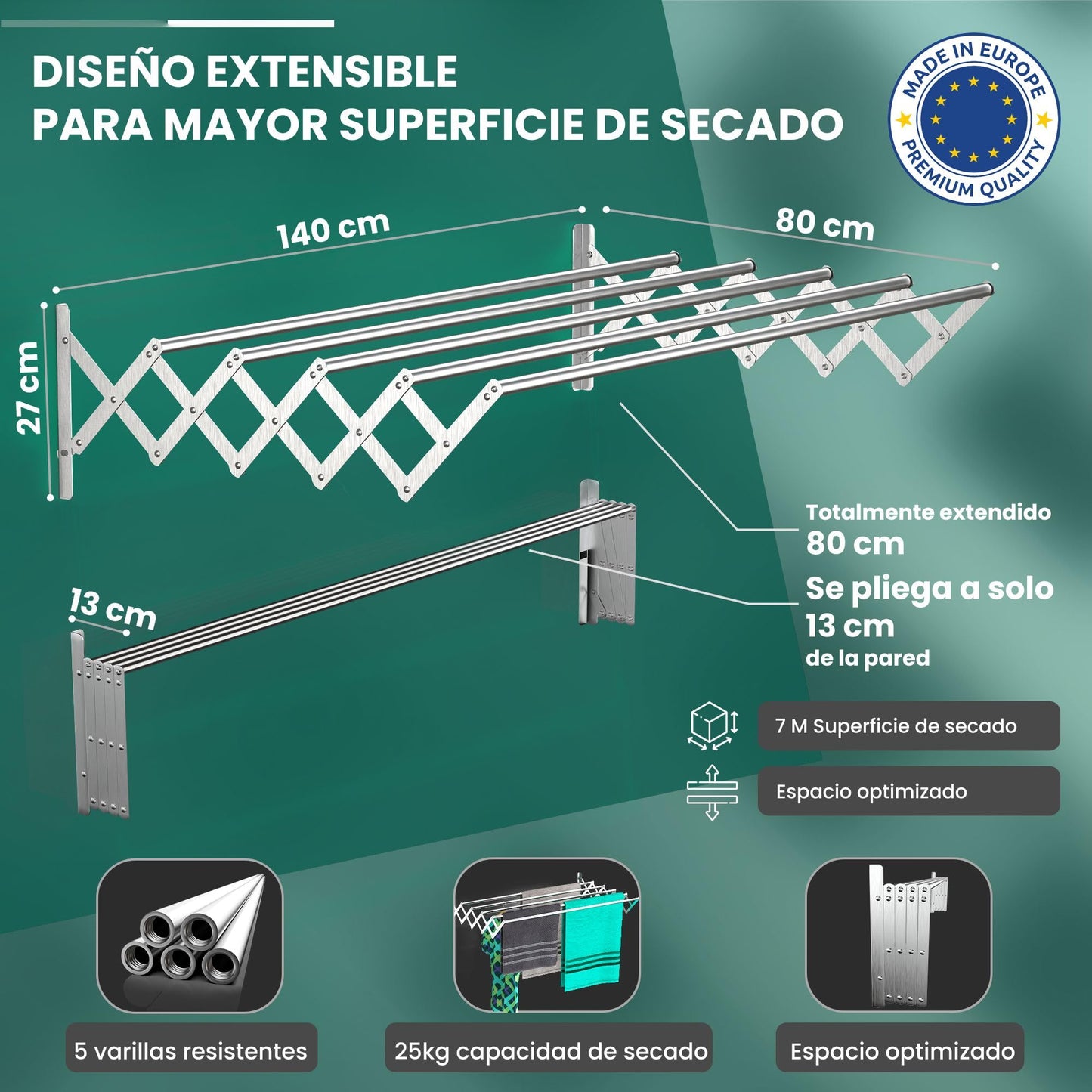 TEHORNEO Tendedero Extensible Pared 140 cm, Tendedero Plegable Pared, Tendedero Pared, Tendederos Plegables de Pared, Tendedero de Pared, Tendedero Pared Plegable, Tendedero Pared Extensible Aluminio